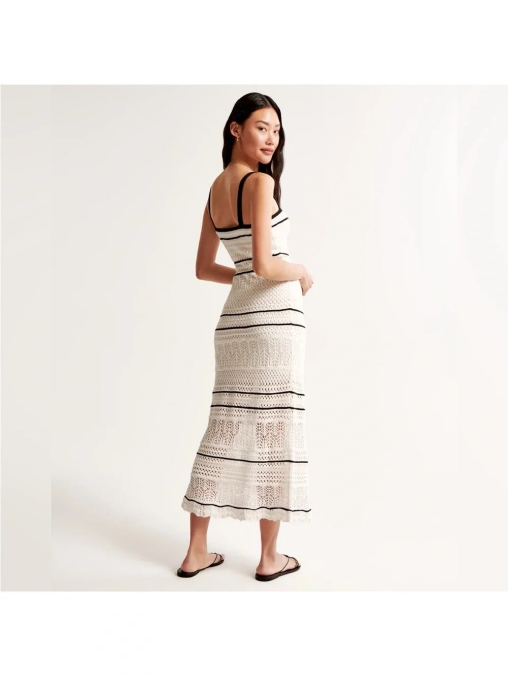 Abercrombie Women's Cream Crochet Maxi Dress with Black Trim